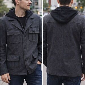 Black Rivet Men's Medium Wool Blend Military Field Jacket Charcoal Gray Hooded